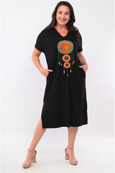 Şans Women's Plus Size Black, Collar and Sleeve Mouth Shepherd Stitching Detailed, Embroidered Dress 65N39079