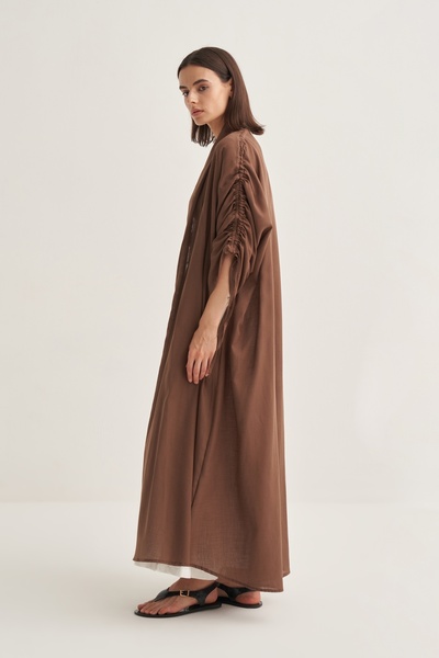 EBU Prive Women's Organic Cotton Drawstring Detailed Abaya Brown