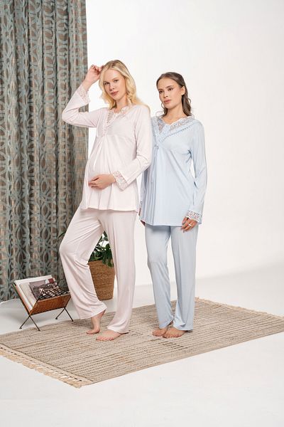 LOHOUSE Women's Powder Jacquard Lace Special Design Maternity Pregnant Pajamas Set with Dressing Gown 3 Piece Pajamas Set