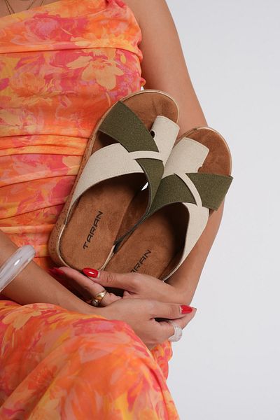 Taran Laura Women's Flip Flops Cross Detailed Stylish and Comfortable Cork Sole Slippers