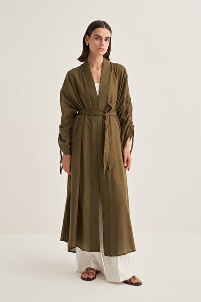 EBU Prive Women's Organic Cotton Drawstring Detailed Abaya Khaki