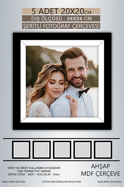 Bytwo 5 Pieces 20X20 Frame - Black and White Striped Photo Frame - Mdf Frame - Square Frame