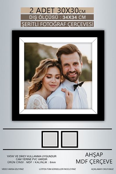 bymat 2 Pieces 30X30 Frame - Black and White Striped Photo Frame - Mdf Frame - Square Frame