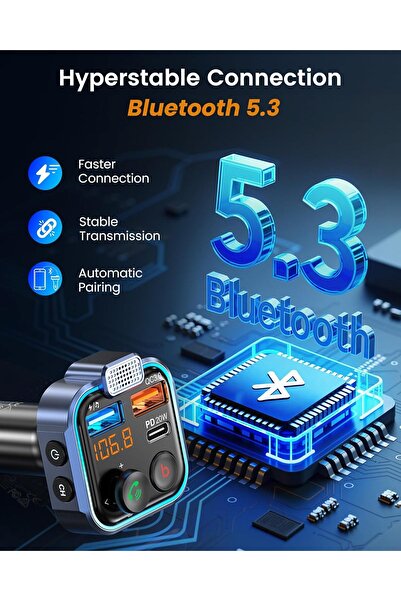 LENCENT Car FM Transmitter, Wireless Bluetooth 5.3 Radio Adapter Car Kit, PD3.0 Type C 20W+QC3.0 Car