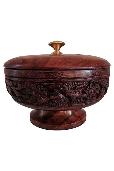 asmiat Antique Beautiful Home Decor Flower Engraved Round Wooden Incnese Burner, Brown (13 x 10 cm)