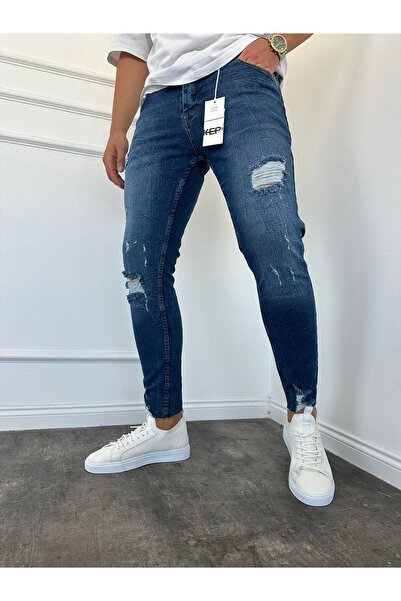 KağanKY Blugi slimfit cu ciucuri în picioare bleumarin