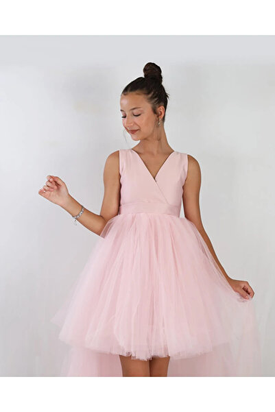 MadyaButik Κοριτσίστικο ροζ μπροστινό κοντό πίσω μακρύ φόρεμα για πάρτι αποφοίτησης φόρεμα γενεθλίων