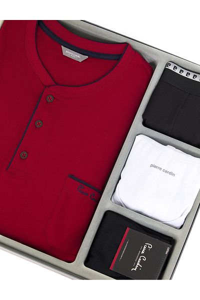 Pierre Cardin Men's Burgundy Combed Cotton Pajama Set Boxed Groom Dowry Set + 1 Pair of Socks Gift