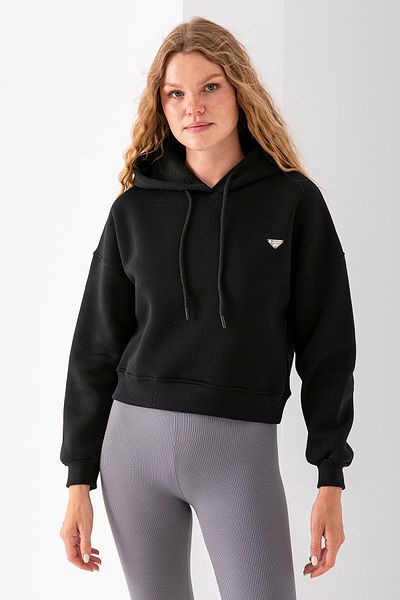 GİYSA Women's Hooded Fashion Accessory 3-Strand Crop Sweatshirt Black - 2667