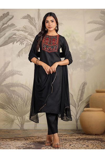 ZERE UAE Black Cotton Blend Embroidery Straight Kurta Set with Dupatta