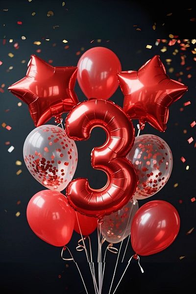 PARTİAVM 3 Year Old Red Number Balloon Birthday Party Set Red Color Balloon Red Sequin Transparent Balloon