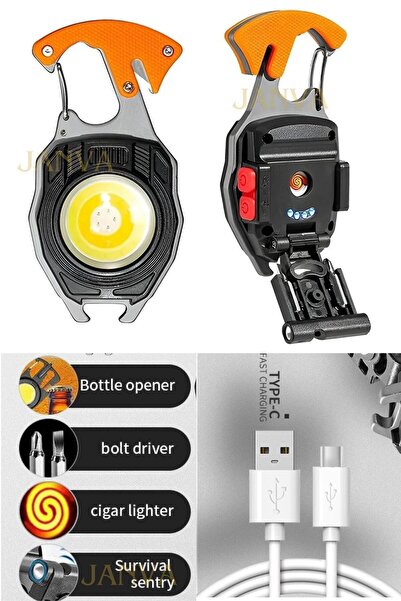 Kiesa Robocop Pro Kamp Feneri Çok Fonksiyonlu Fener Anahtarlık Usb Çakmaklı C...