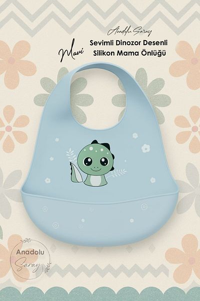 Anadolu Saray Cute Blue Dinosaur Patterned Silicone Baby Bib Silicone Baby Food Bib for Boy