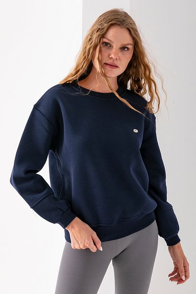 GİYSA Women's Crew Neck Bow Accessory 3-Strand Sweatshirt Navy Blue - 2624