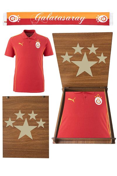 Galatasaray Original Puma a Team Red 5 Star Polo T-Shirt with Scarf and Gift Wooden Box