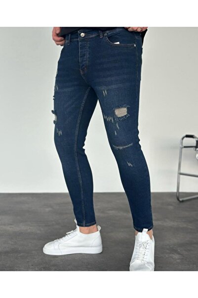 KağanKY Blugi slimfit cu detaliu rupt, albastru bleumarin