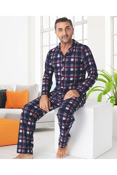 tusem butik homewear Men's Cotton Suede Fabric Navy Blue Plaid Pattern Shirt Collar Buttoned Father Son Pajama Set