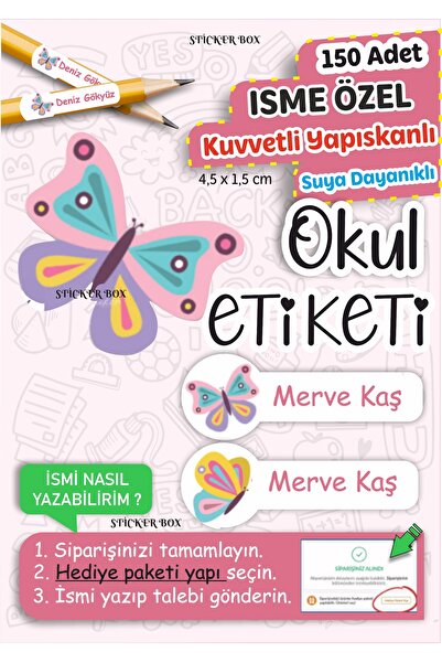 Think And Print Okul Etiketi Kalem Defter Etiketi Kelebek Temalı Özel Isim Ya...