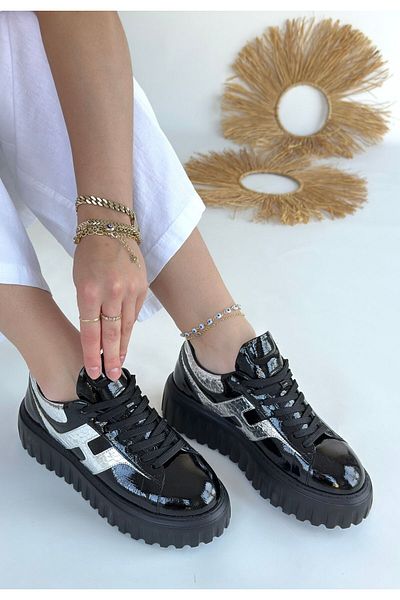 Zerenyus Gesti Premium Black Patent Leather Silver Thick Sole Lace-Up Sports Shoes