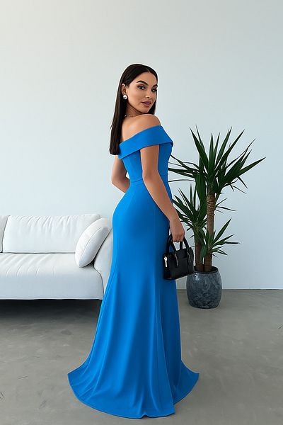 Deafox Blue Crepe Fabric Short Sleeve Boat Neckline Slit Detail Maxi Length Evening Dress