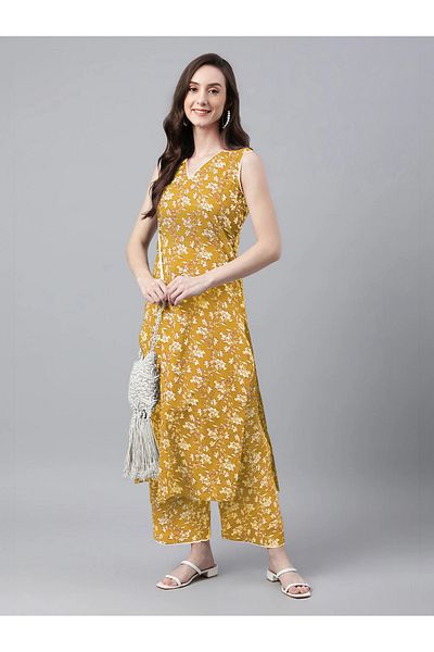 ZERE UAE Mustard Cotton Floral Printed Kurta Set