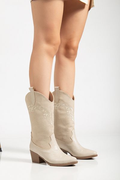 MS SUGAR SHOES Women's Vegan Leather Suede White Embroidered Floral Flower Detailed Embroidered Western Cowboy Boots