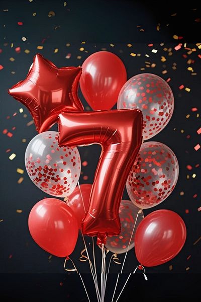 PARTİAVM 7 Year Old Red Number Balloon Birthday Party Set Red Color Balloon Red Sequin Transparent Balloon