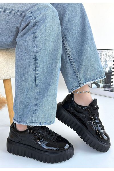 Zerenyus Gesti Premium Black Patent Leather Thick Sole Lace-Up Sports Shoes
