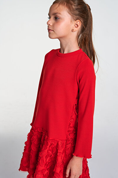 SheShe Kız Çocuk Kırmızı Dantelli Elbise