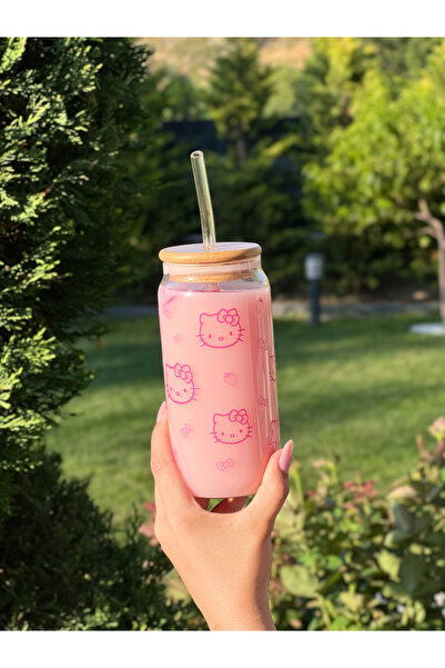 REMİ DESİGN Hello Kitty Desenli Bambu Kapaklı, Pipetli Cam Soğuk Kahve Bardağı