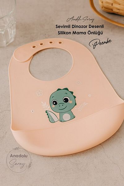 Anadolu Saray Cute Pink Dinosaur Patterned Silicone Baby Bib Silicone Baby Food Bib for Girl