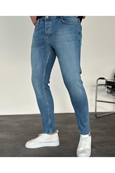 KağanKY Blugi slimfit cu șlefuire albastră