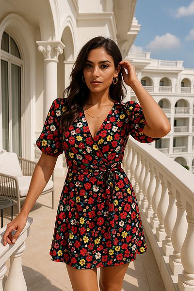 Rich V-Neck Double-Breasted Patterned Women's Dress – Stylish Model with Belt Detail