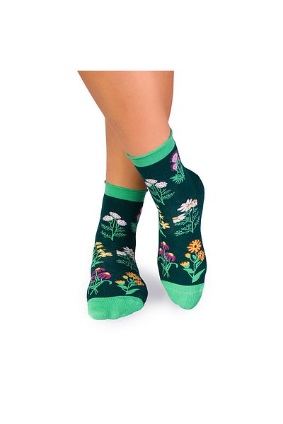 Pirin Hill Medium length cotton socks, floral pattern, Dark Green