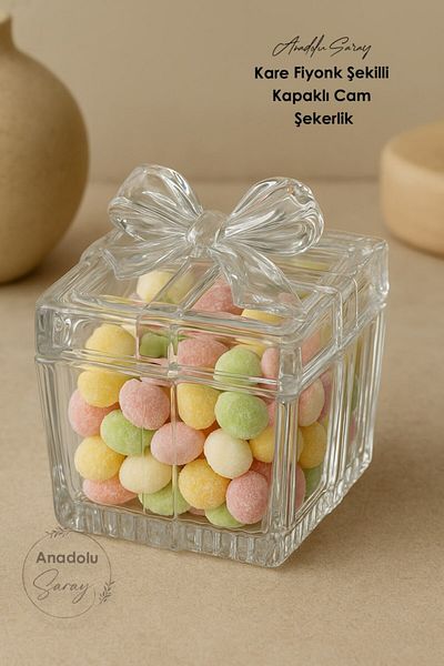 Anadolu Saray Square Bow Shaped Lid Glass Sugar Bowl – for Elegant and Stylish Presentations