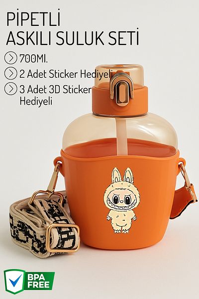 Nandy Home Labubu Flask with Label Gift, Strap and Straw