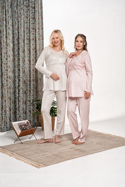 LOHOUSE Women's Gray Braided Velvet Long Sleeve Cotton Maternity Maternity Pajamas Set of 3