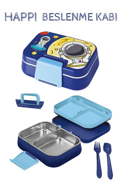 ELDİPA Two Compartment Lunch Container Patterned Lunch Container with Handle Bag 1.03L Stainless Steel