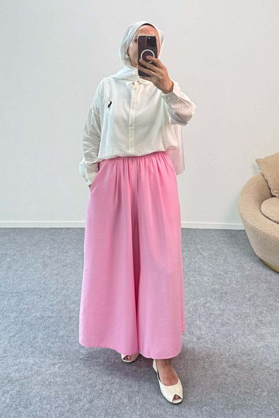 Hatun Atila Wide Leg Modal Skirt Trousers with Elastic Waist 8809 - Pink