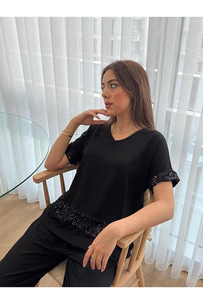 Aymood Women's Short Sleeve V-Neck Sequined Viscose Two Thread Blouse and Pants Set