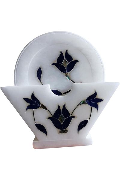 asmiat Natural White Marble Drink Coaster with Flower Engraved - Set of 6 with Marble Holder