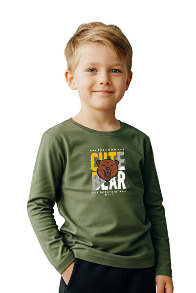 YA KO KİDS Кръгла яка, сладък мечок с принт, мъжка детска суитшърт