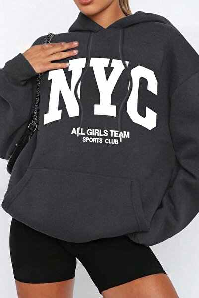 Know Kadın Füme Nyc Baskılı Kapüşonlu Sweatshirt Hoodie