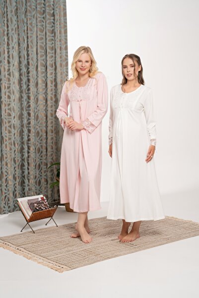 LOHOUSE قميص نوم نسائي للحمل بأكمام طويلة من القطن بتصميم دانتيل خاص