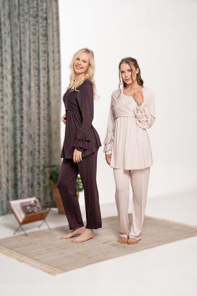 Pelin Women's Beige Double Breasted Collar Hidden Breastfeeding Maternity Pajama Set