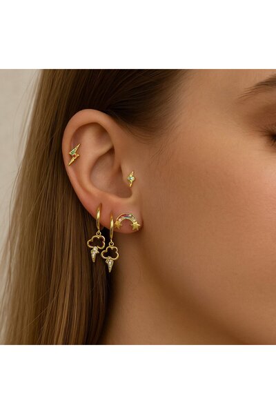 BY YASİN TOPÇU Vip Gold Color 3-Piece Colorful Stone Air Events Earring Set