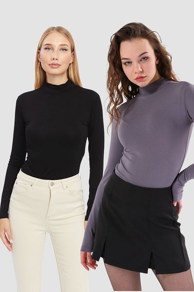 LAENT Women's Black Anthracite Gray Stand Collar 2-Piece Bodysuit