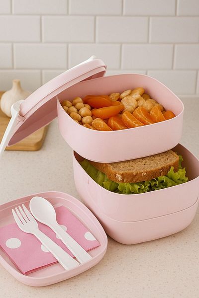 Bayev Urv Pink 2-Layer Lunch Box with Fork and Spoon - Lunch Box