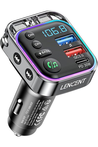 LENCENT Bluetooth 5.3 FM Transmitter, PD 30W & QC3.0 Fast Charger Bluetooth Car Adapter
