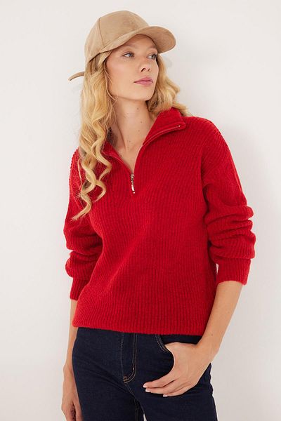 Tudors Women's Oversize Wide Cut Woven Zipper Collar Red Sweater